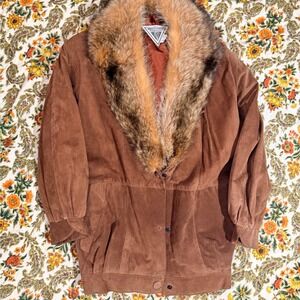 Vintage 90s Marvin Richards Brown Suede Coat with Genuine Fur Collar - S